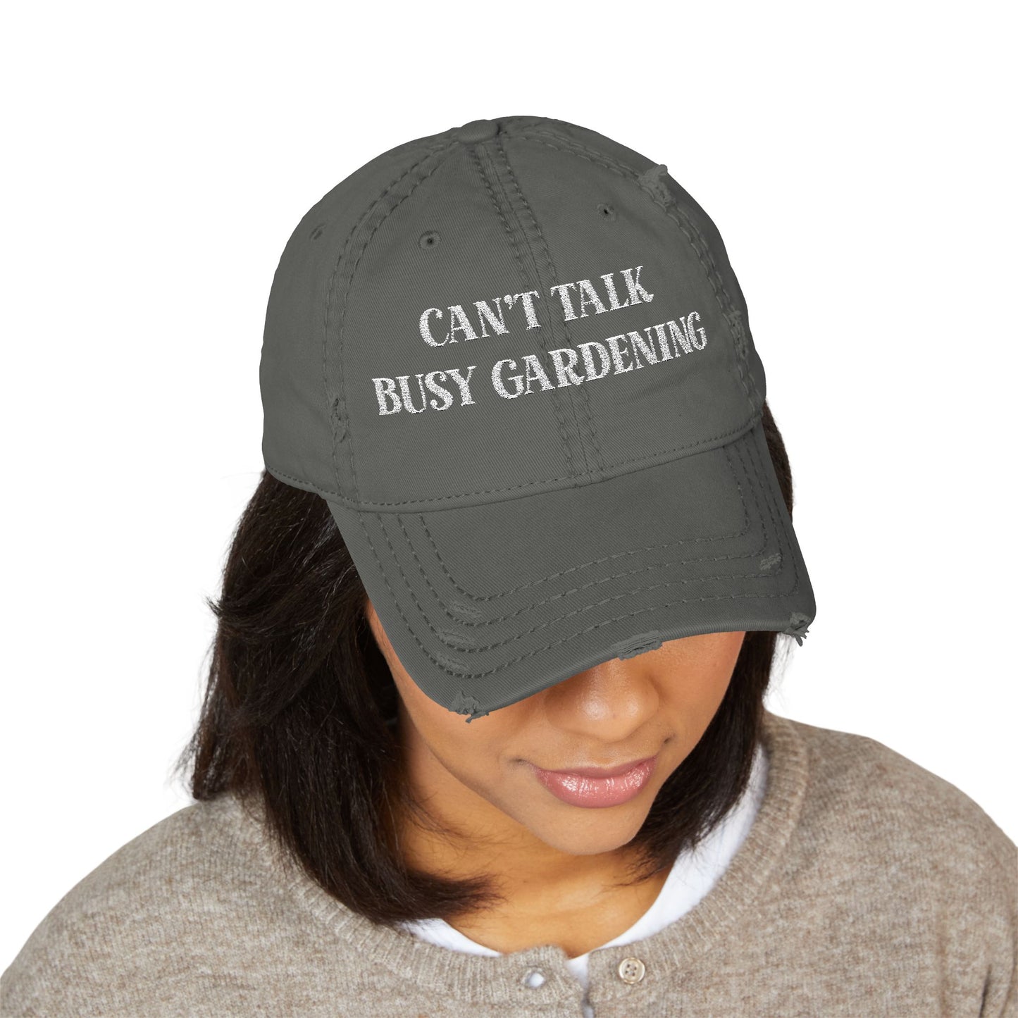 “Can’t Talk, Busy Gardening” Cap, Embroidered Distressed Hat for Gardeners