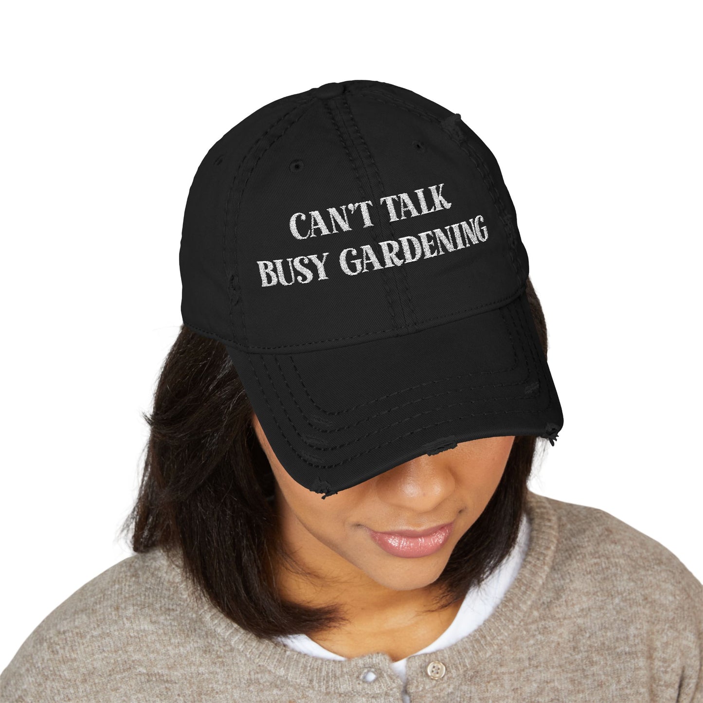 “Can’t Talk, Busy Gardening” Cap, Embroidered Distressed Hat for Gardeners