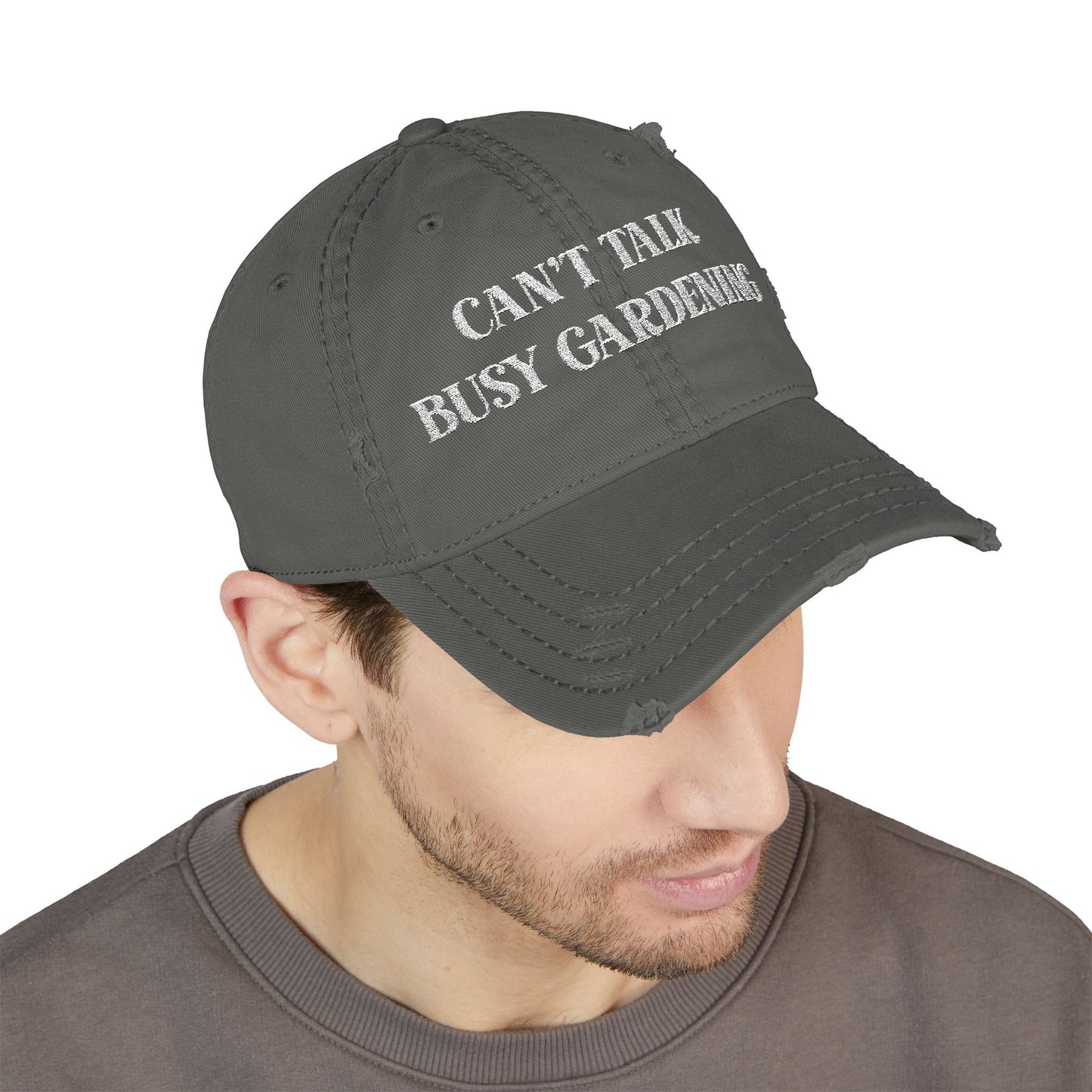 “Can’t Talk, Busy Gardening” Cap, Embroidered Distressed Hat for Gardeners