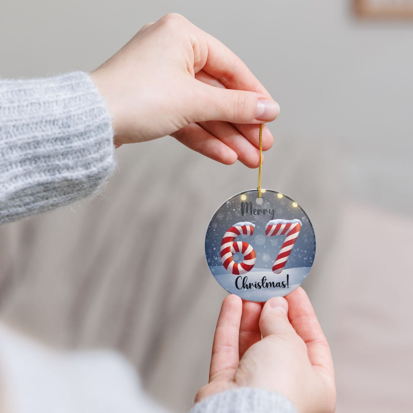 Ceramic Ornament — "Merry 67 Christmas!" Candy Cane Number Holiday Decoration