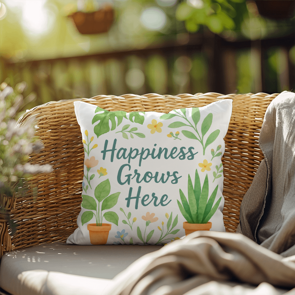 Happiness Grows Here – Garden Lover's Feel-Good Outdoor Pillow