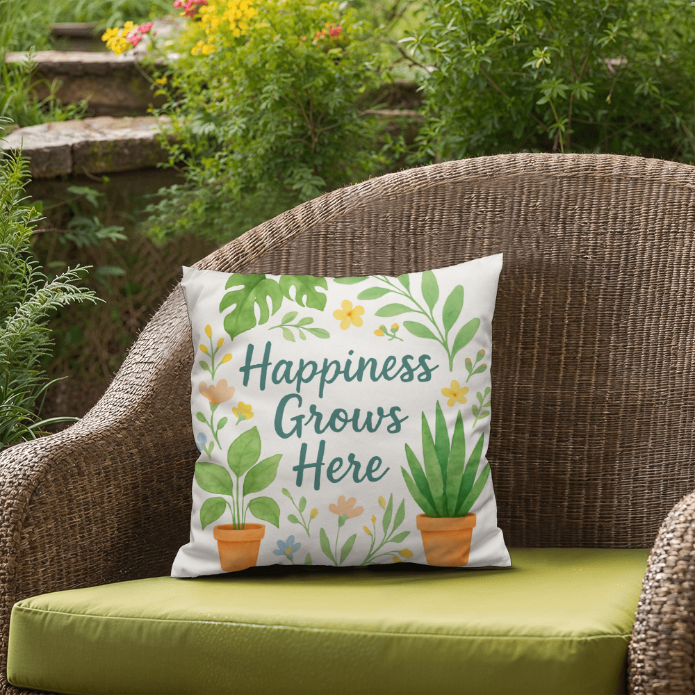 Happiness Grows Here – Garden Lover's Feel-Good Outdoor Pillow