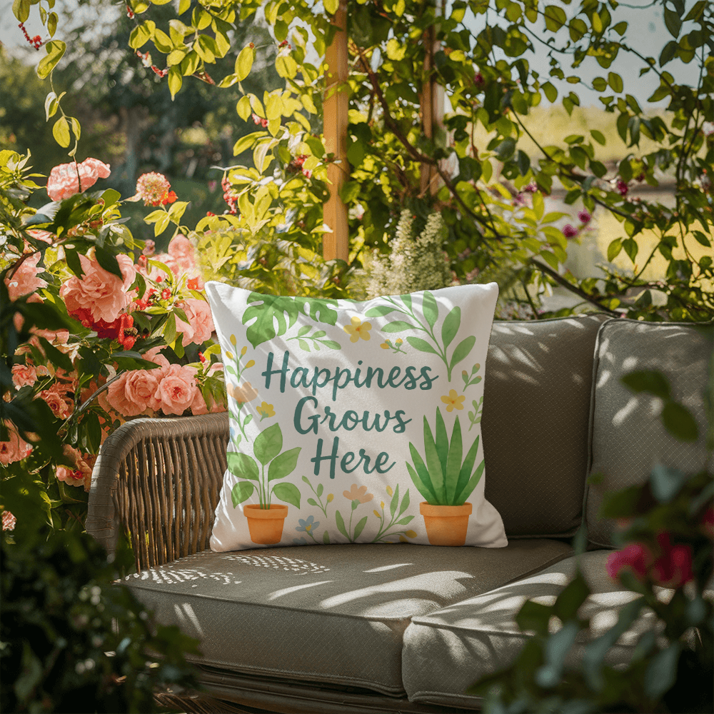 Happiness Grows Here – Garden Lover's Feel-Good Outdoor Pillow