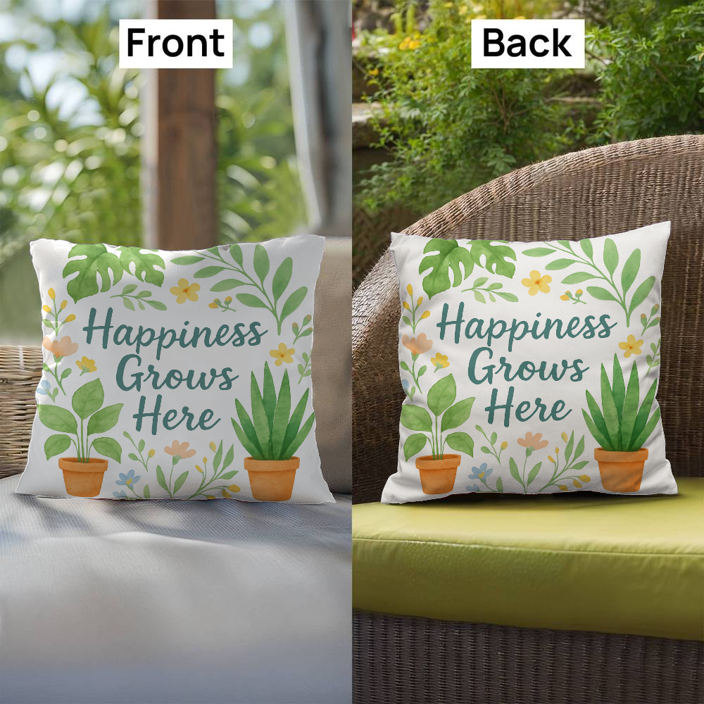 Happiness Grows Here – Garden Lover's Feel-Good Outdoor Pillow