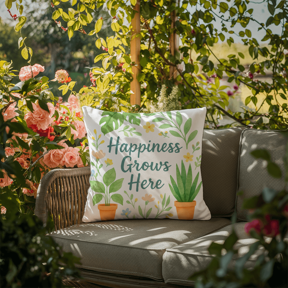 Happiness Grows Here – Garden Lover's Feel-Good Outdoor Pillow