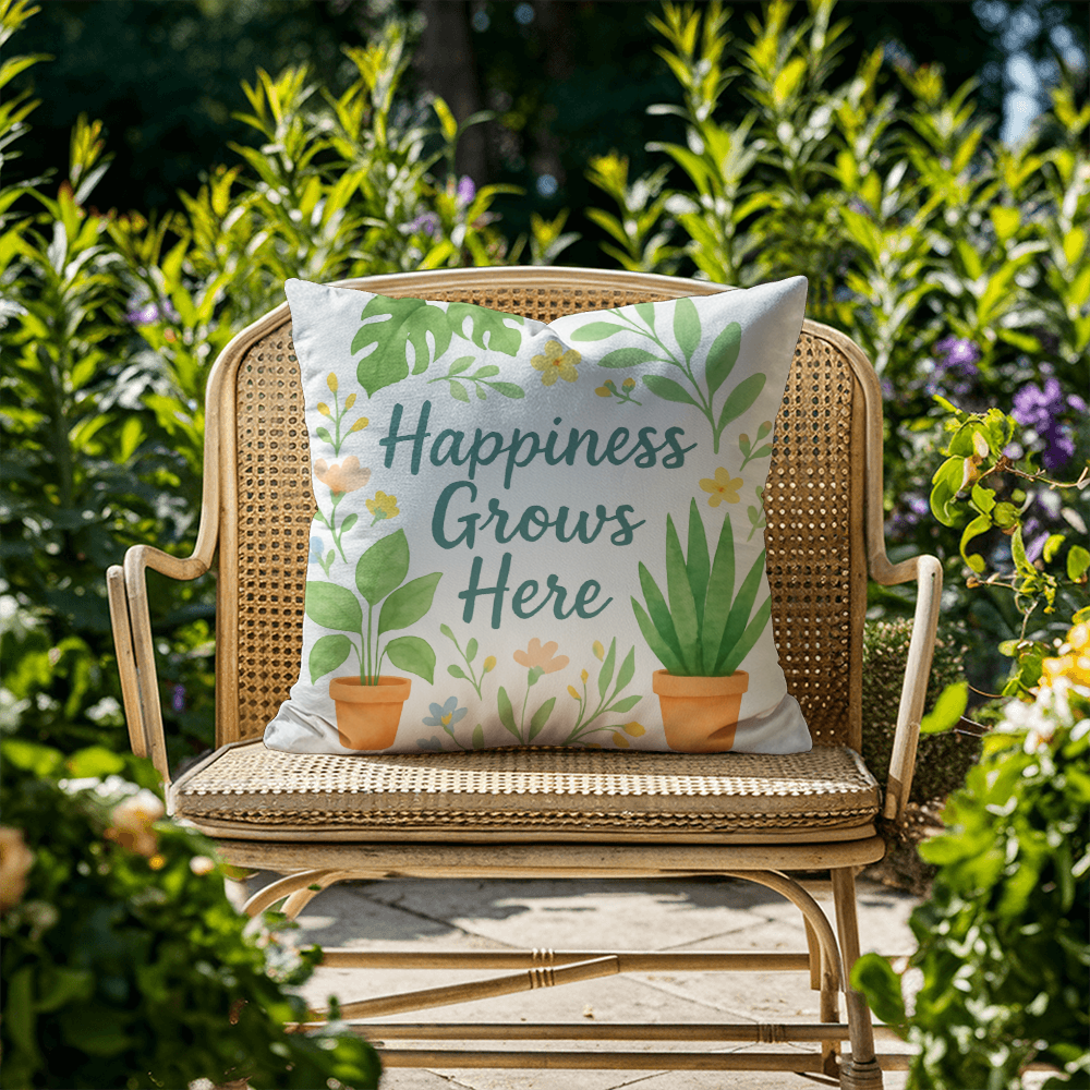 Happiness Grows Here – Garden Lover's Feel-Good Outdoor Pillow