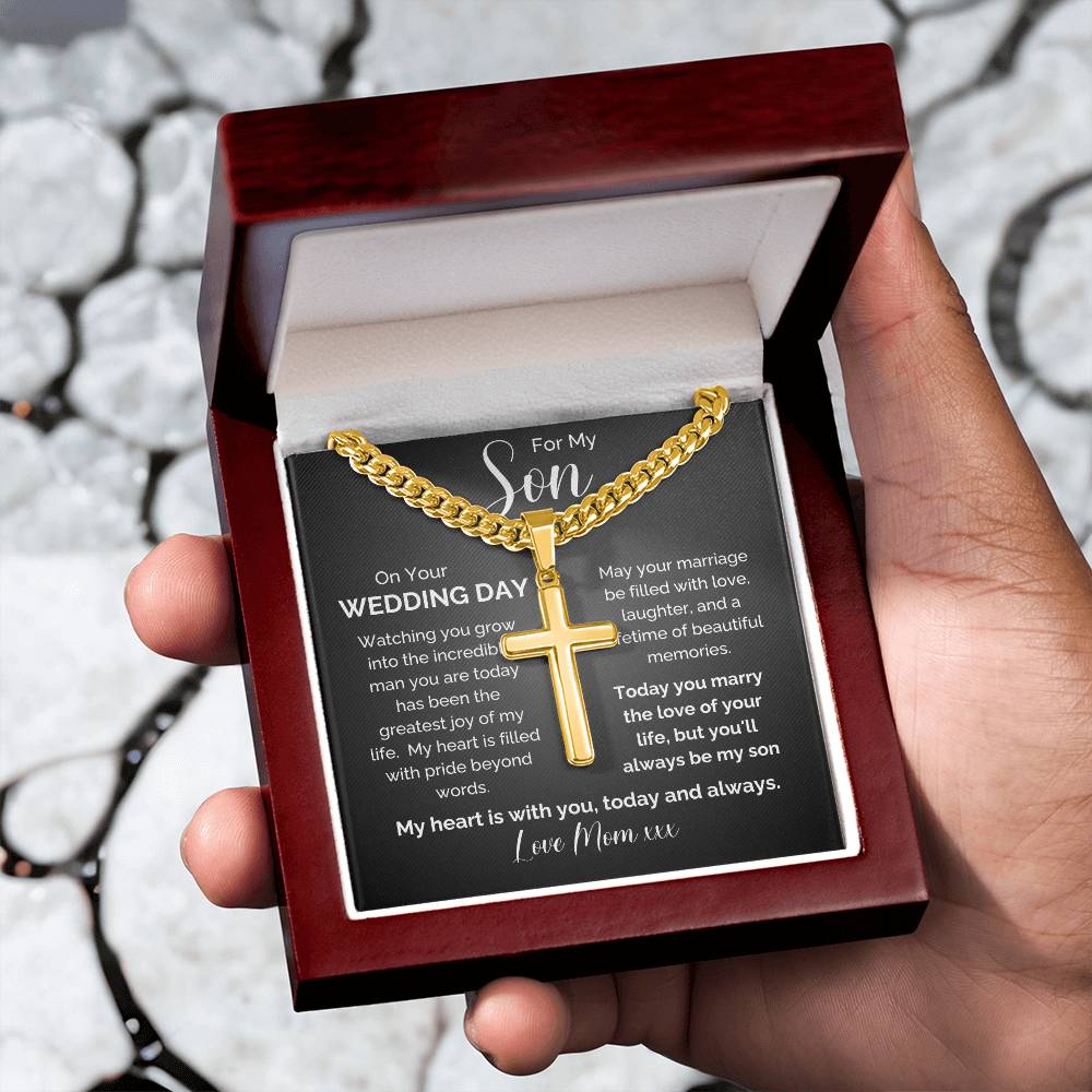 To My Son on Your Wedding Day | Personalized Engraved Cross Necklace from Mom