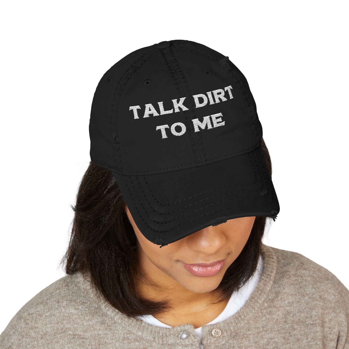 “Talk Dirt to Me” Dad Hat, Distressed Embroidered Cap For Gardeners