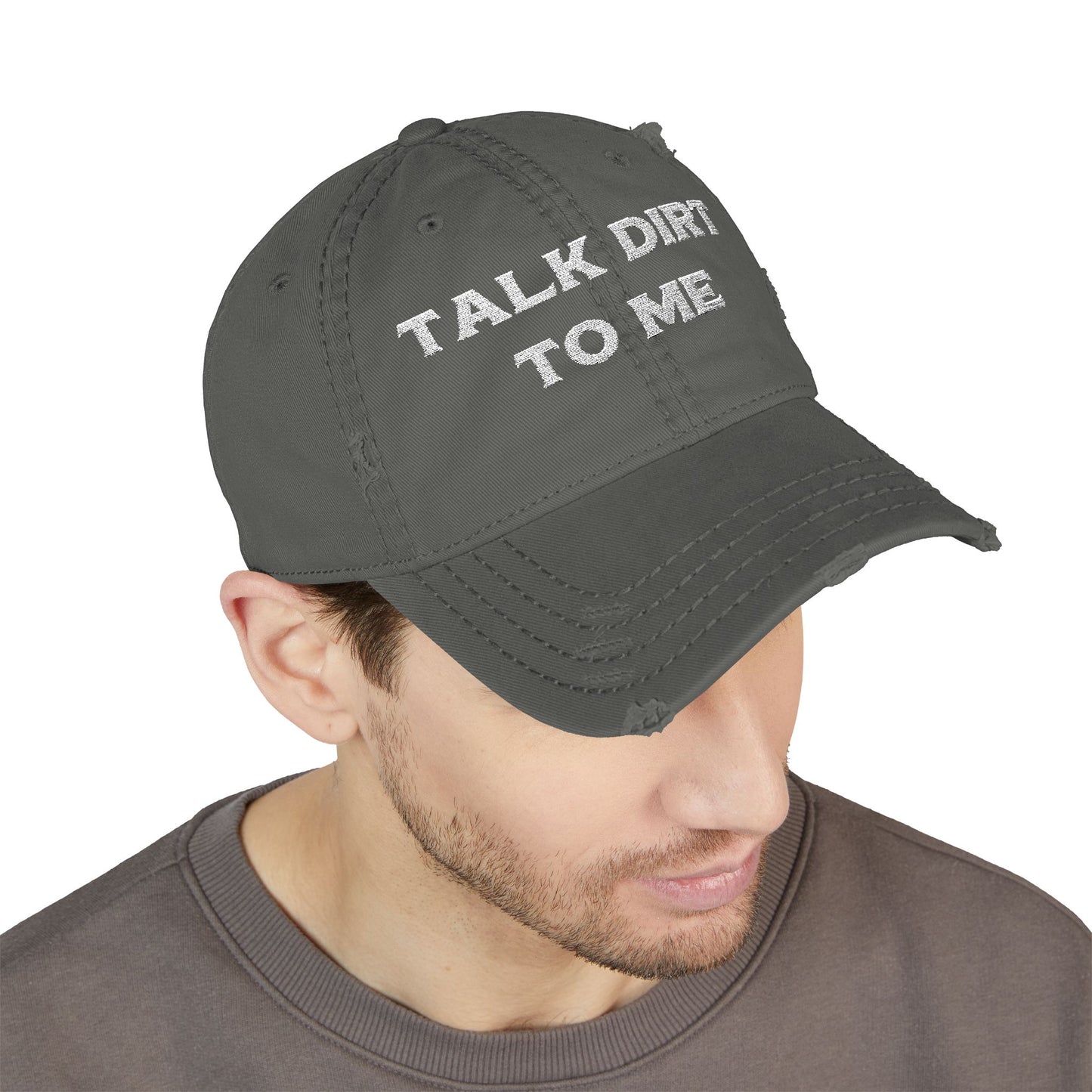 “Talk Dirt to Me” Dad Hat, Distressed Embroidered Cap For Gardeners