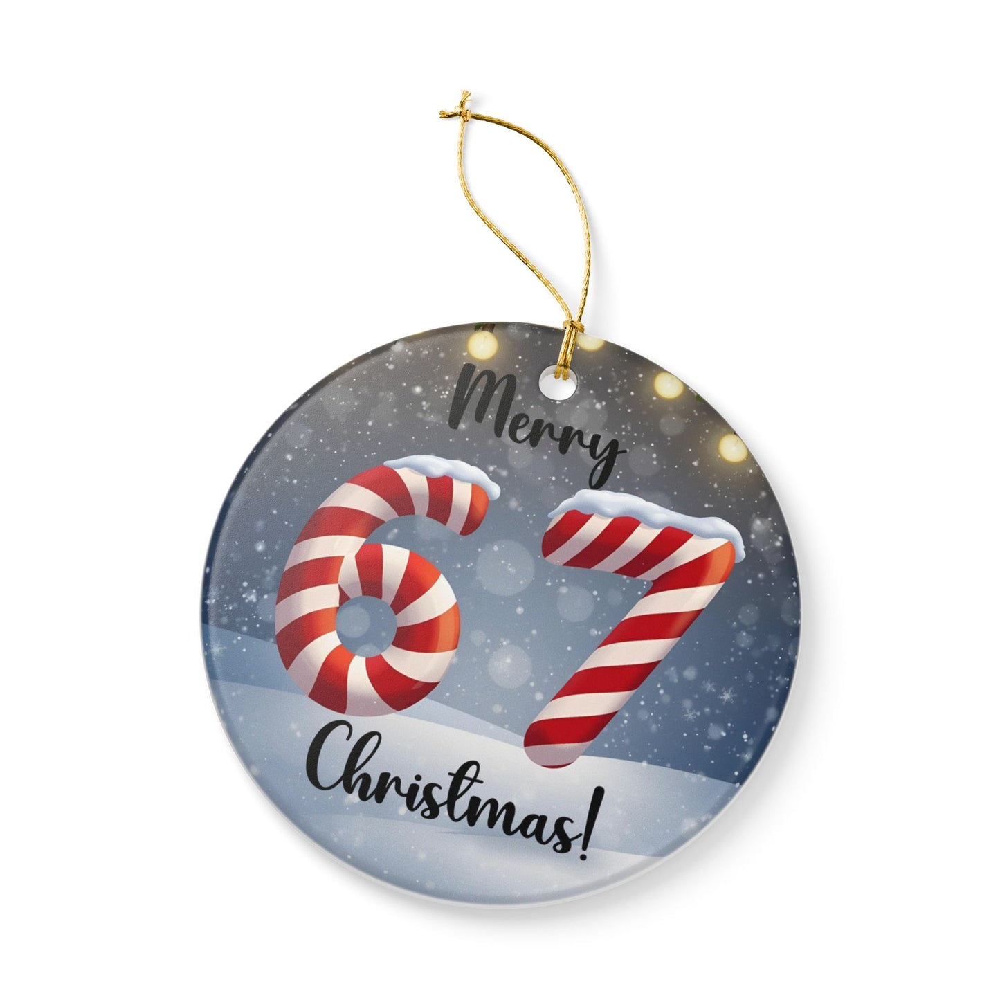 Ceramic Ornament — "Merry 67 Christmas!" Candy Cane Number Holiday Decoration