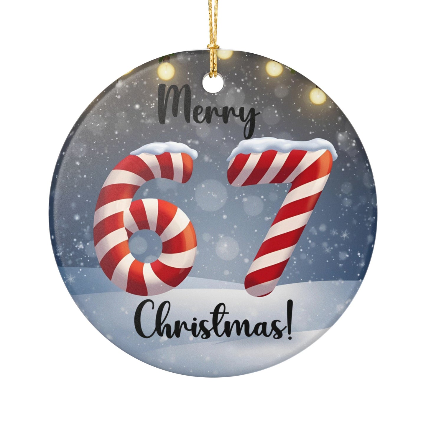 Ceramic Ornament — "Merry 67 Christmas!" Candy Cane Number Holiday Decoration