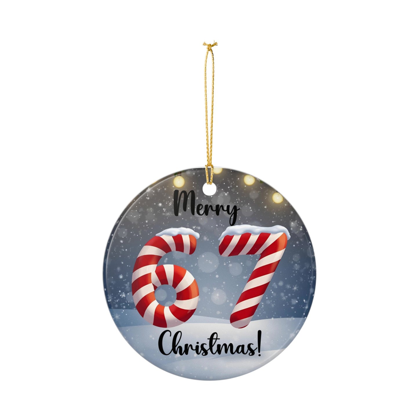 Ceramic Ornament — "Merry 67 Christmas!" Candy Cane Number Holiday Decoration