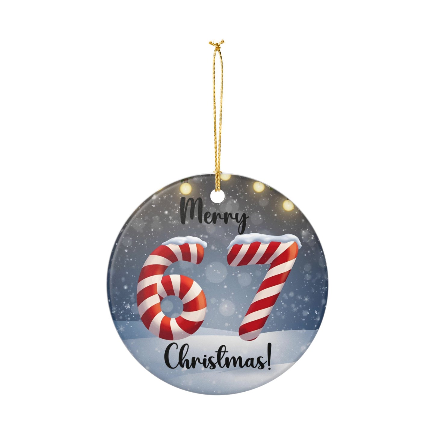 Ceramic Ornament — "Merry 67 Christmas!" Candy Cane Number Holiday Decoration