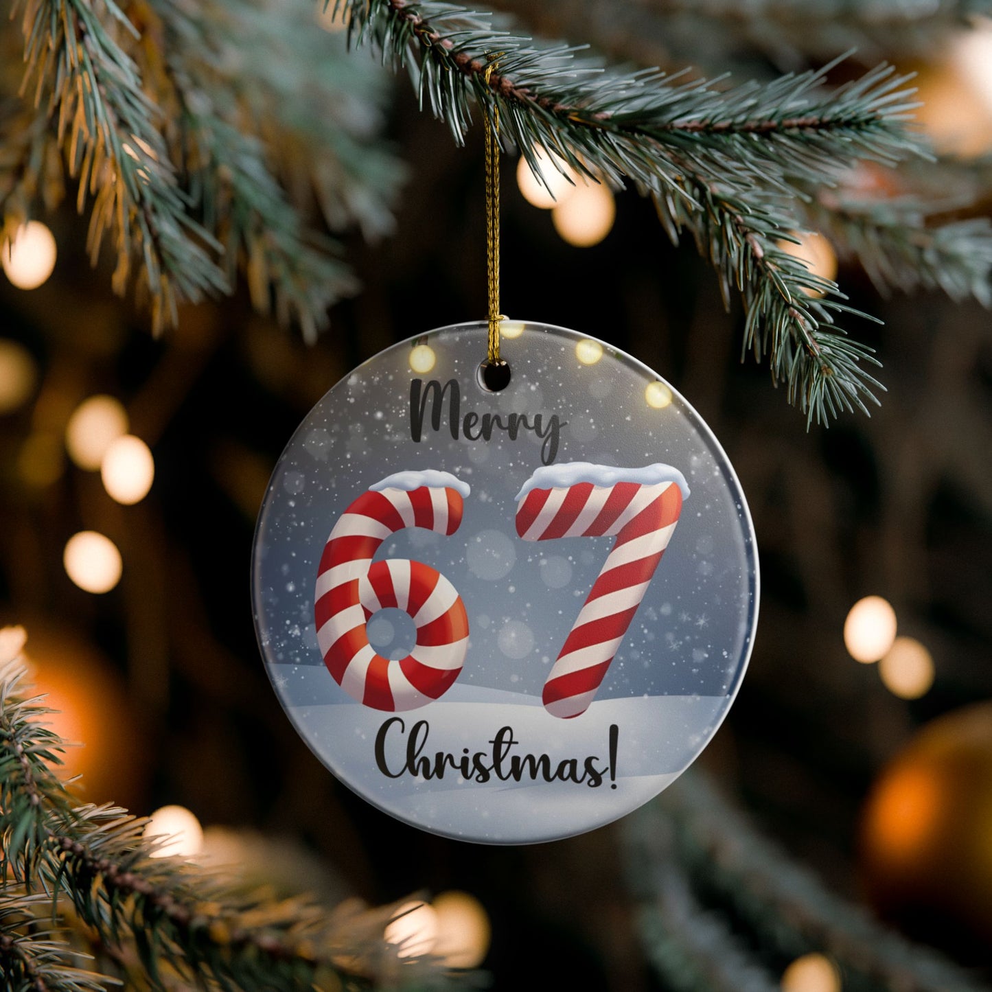 Ceramic Ornament — "Merry 67 Christmas!" Candy Cane Number Holiday Decoration