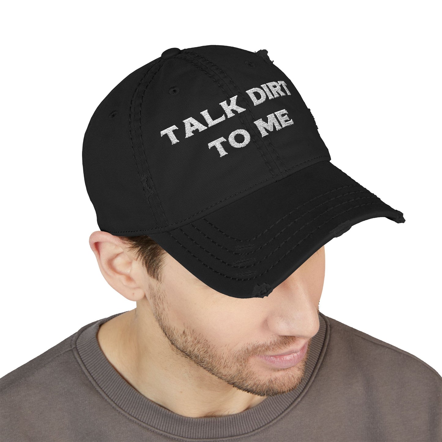 “Talk Dirt to Me” Dad Hat, Distressed Embroidered Cap For Gardeners