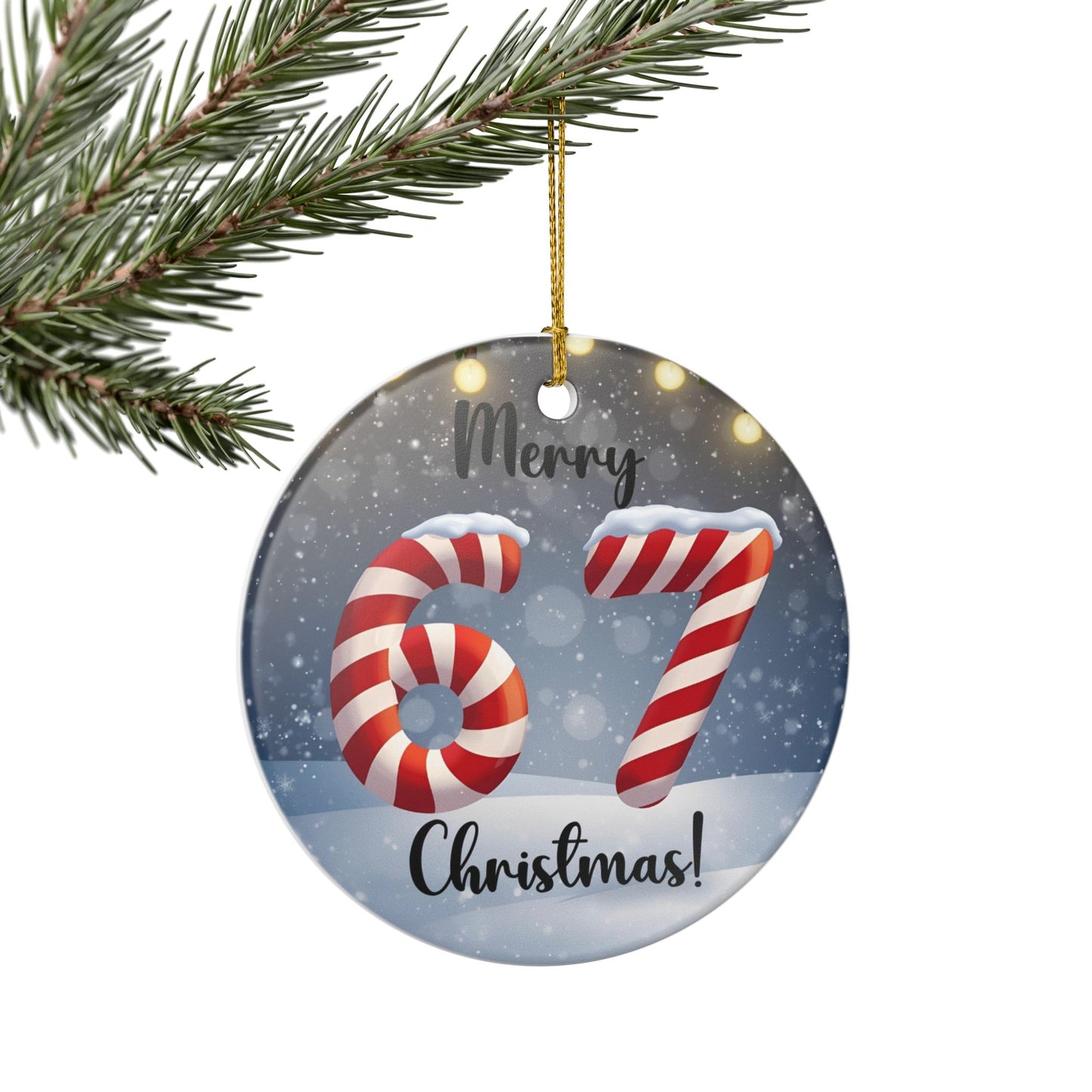 Ceramic Ornament — "Merry 67 Christmas!" Candy Cane Number Holiday Decoration
