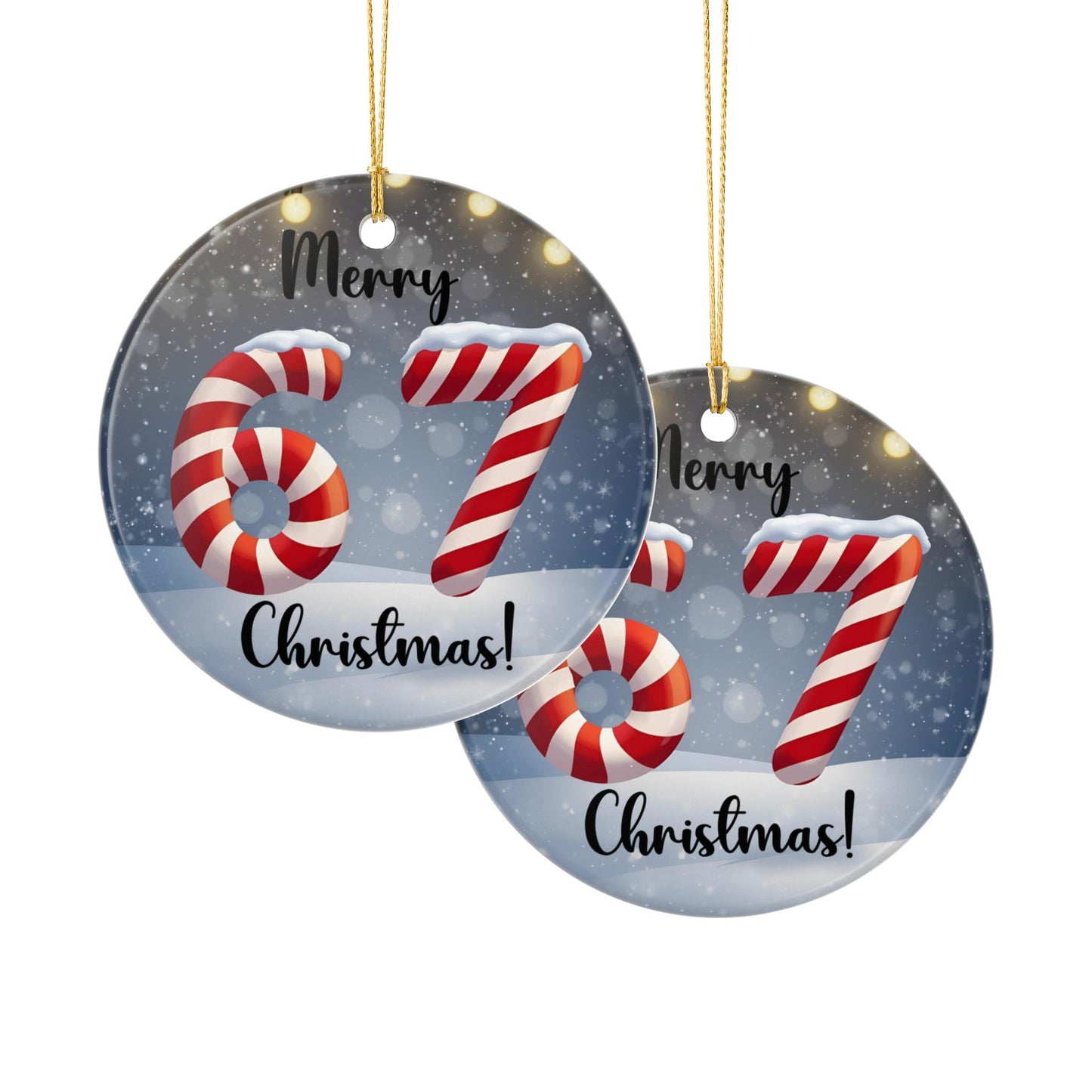 Ceramic Ornament — "Merry 67 Christmas!" Candy Cane Number Holiday Decoration