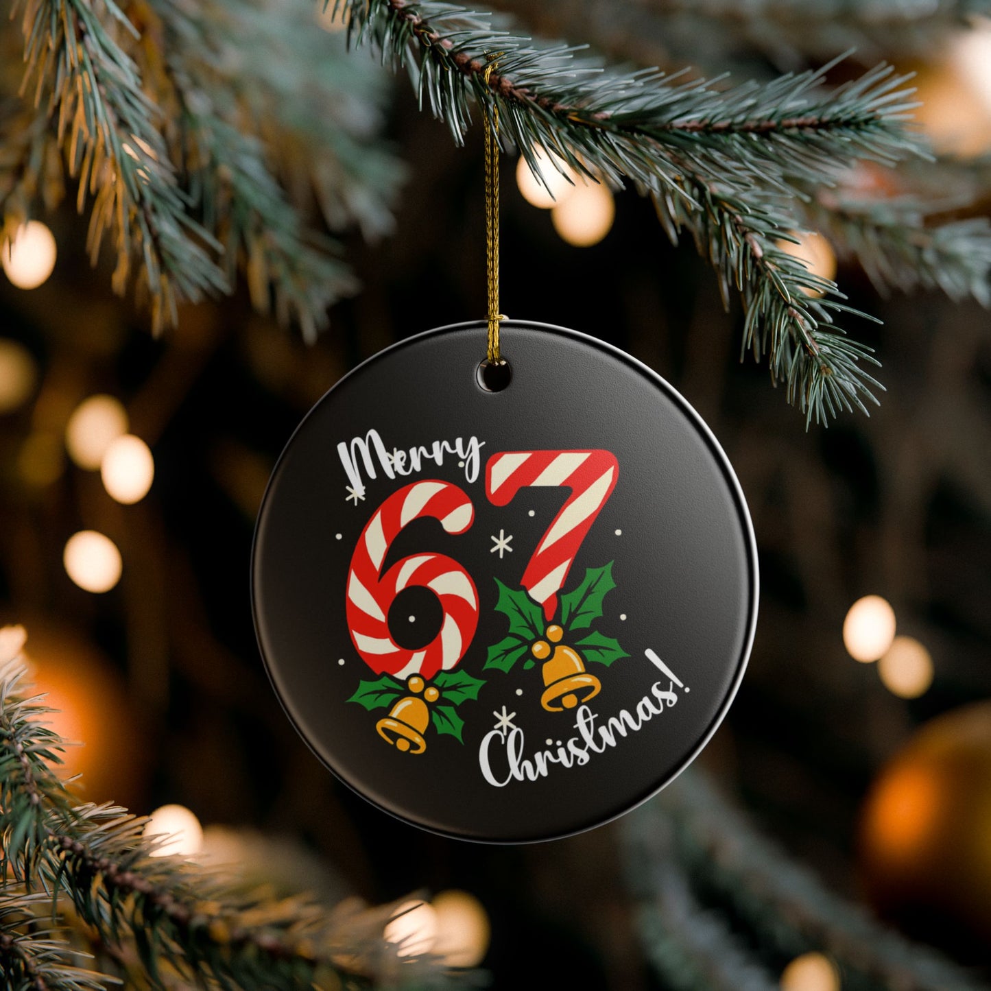 Merry 67 Christmas Ceramic Ornament — Candy Cane Numbers Holiday Decoration For Teens And Tweens!