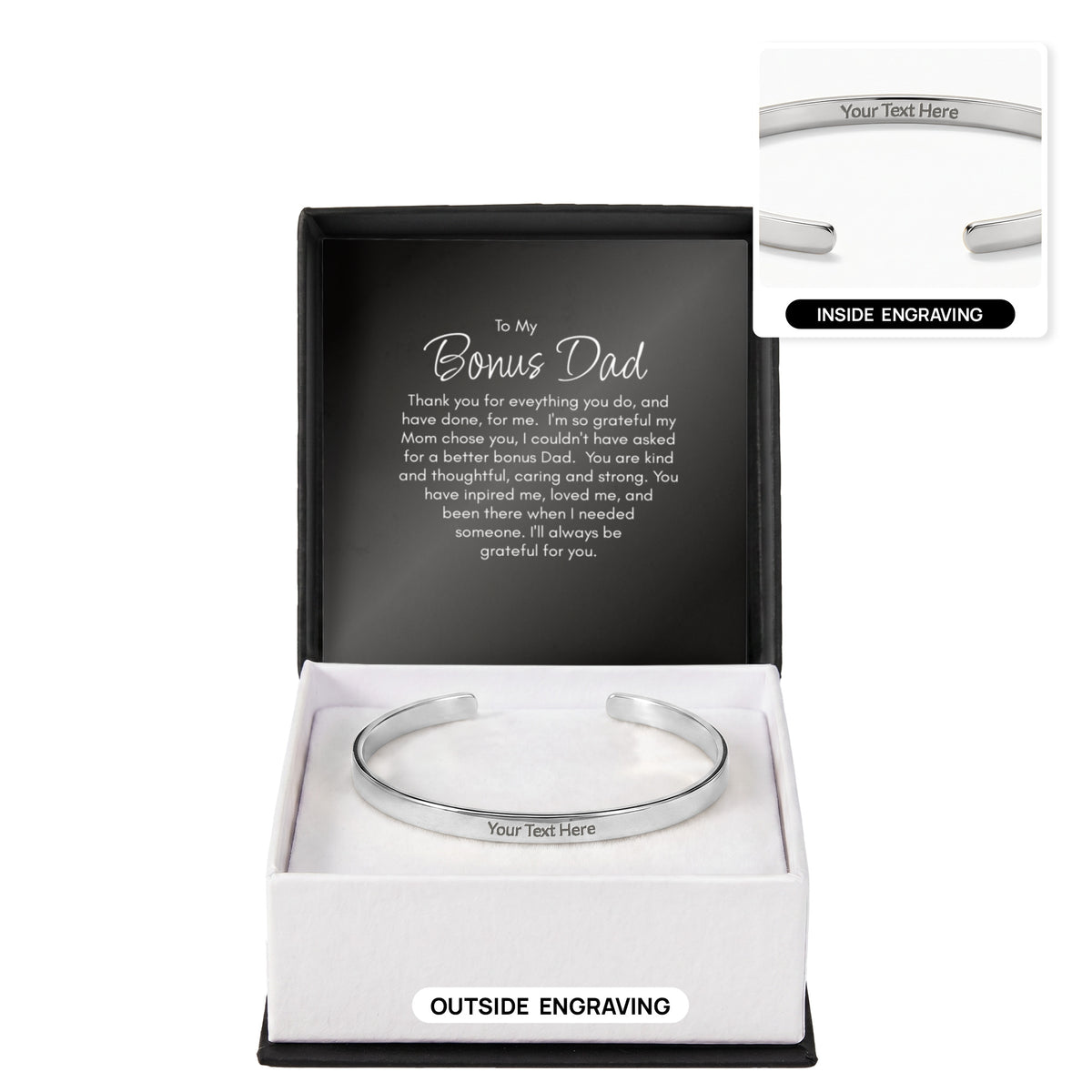 Personalised Bonus Dad Bracelet – Engraved Cuff Bracelet Gift for Step Dad