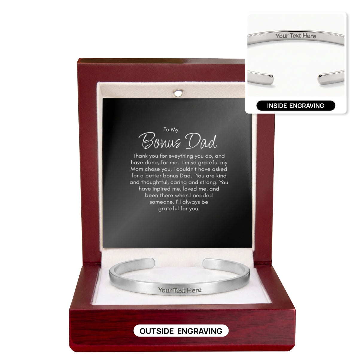 Personalised Bonus Dad Bracelet – Engraved Cuff Bracelet Gift for Step Dad
