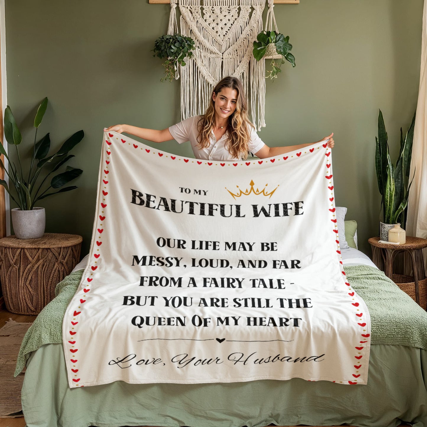 To My Beautiful Wife - Cozy “Queen of My Heart” Blanket