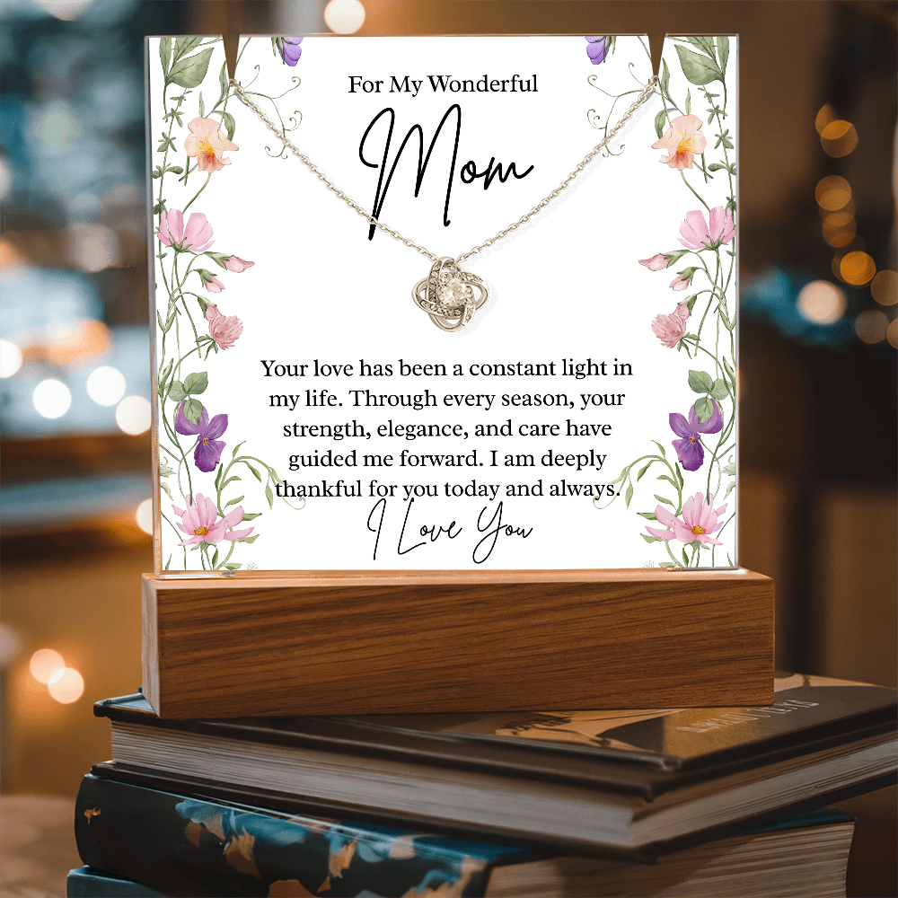 To My Wonderful Mom – Illuminated Acrylic Plaque & Love Knot Necklace Gift Set