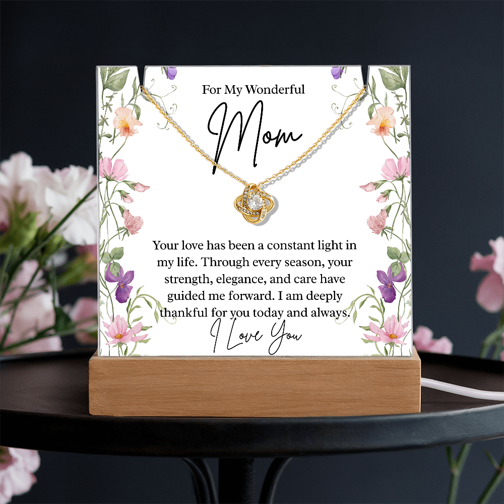 To My Wonderful Mom – Illuminated Acrylic Plaque & Love Knot Necklace Gift Set