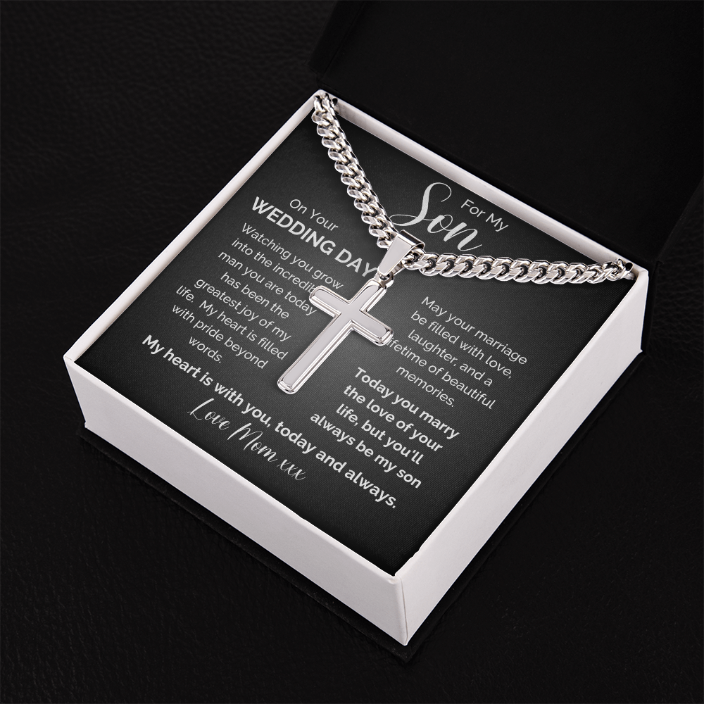 To My Son on Your Wedding Day | Personalized Engraved Cross Necklace from Mom