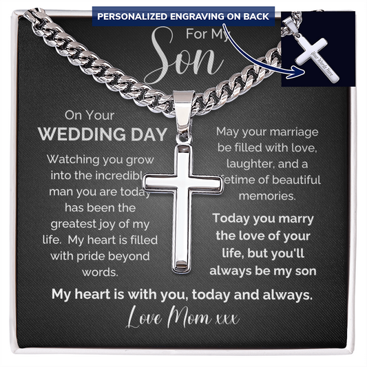To My Son on Your Wedding Day | Personalized Engraved Cross Necklace from Mom