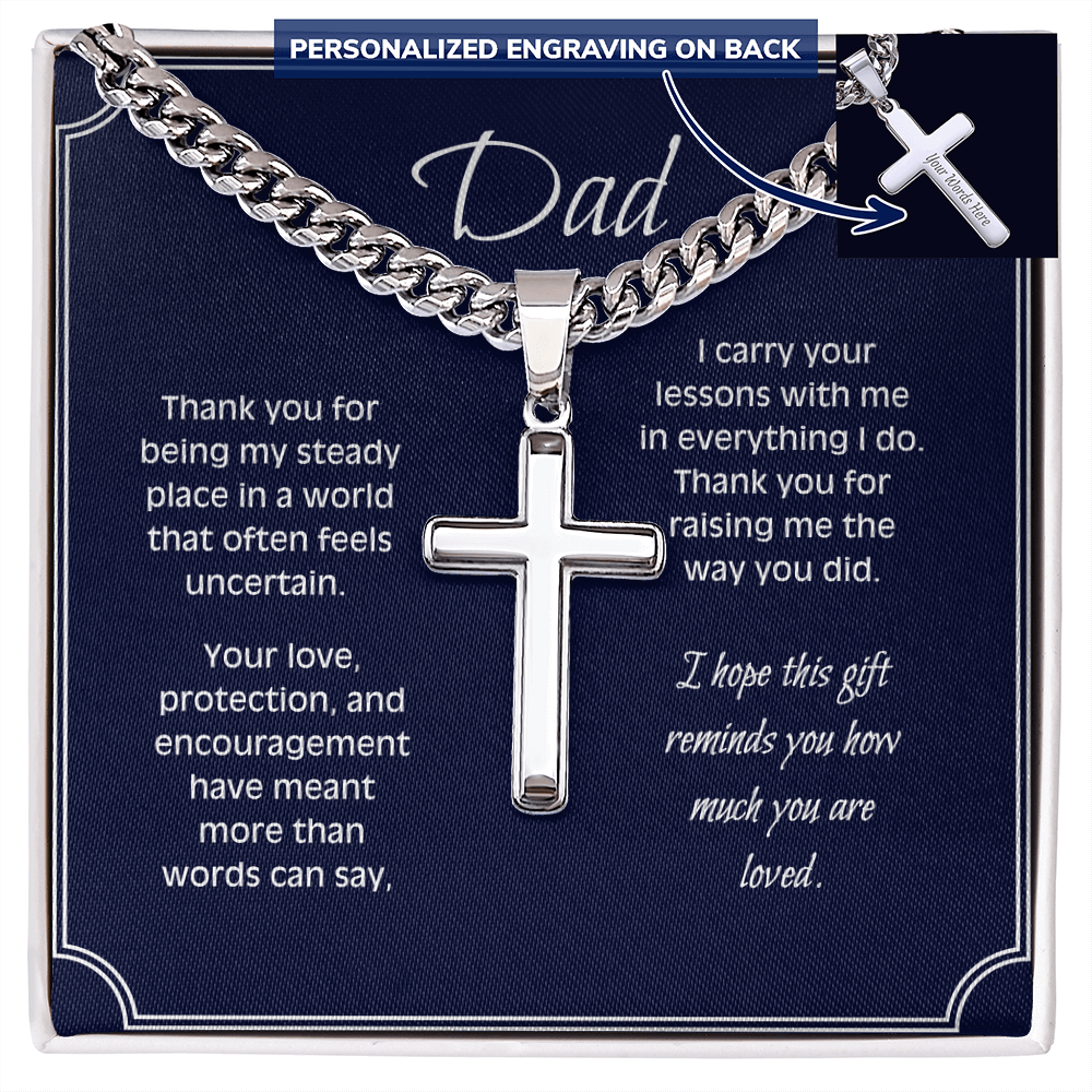 Personalized Cross Necklace for Dad – Engraved Cuban Chain Gift for Father – Meaningful Dad Jewelry from Son or Daughter