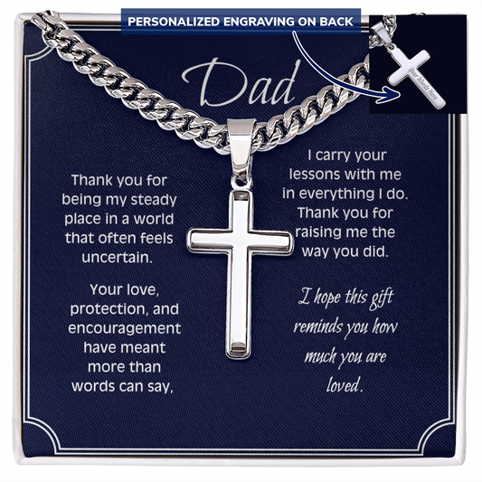 Personalized Cross Necklace for Dad – Engraved Cuban Chain Gift for Father – Meaningful Dad Jewelry from Son or Daughter
