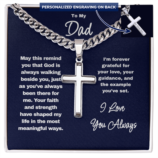 Personalized Cross Necklace for Dad – Engraved Cuban Chain Gift for Father from Son or Daughter