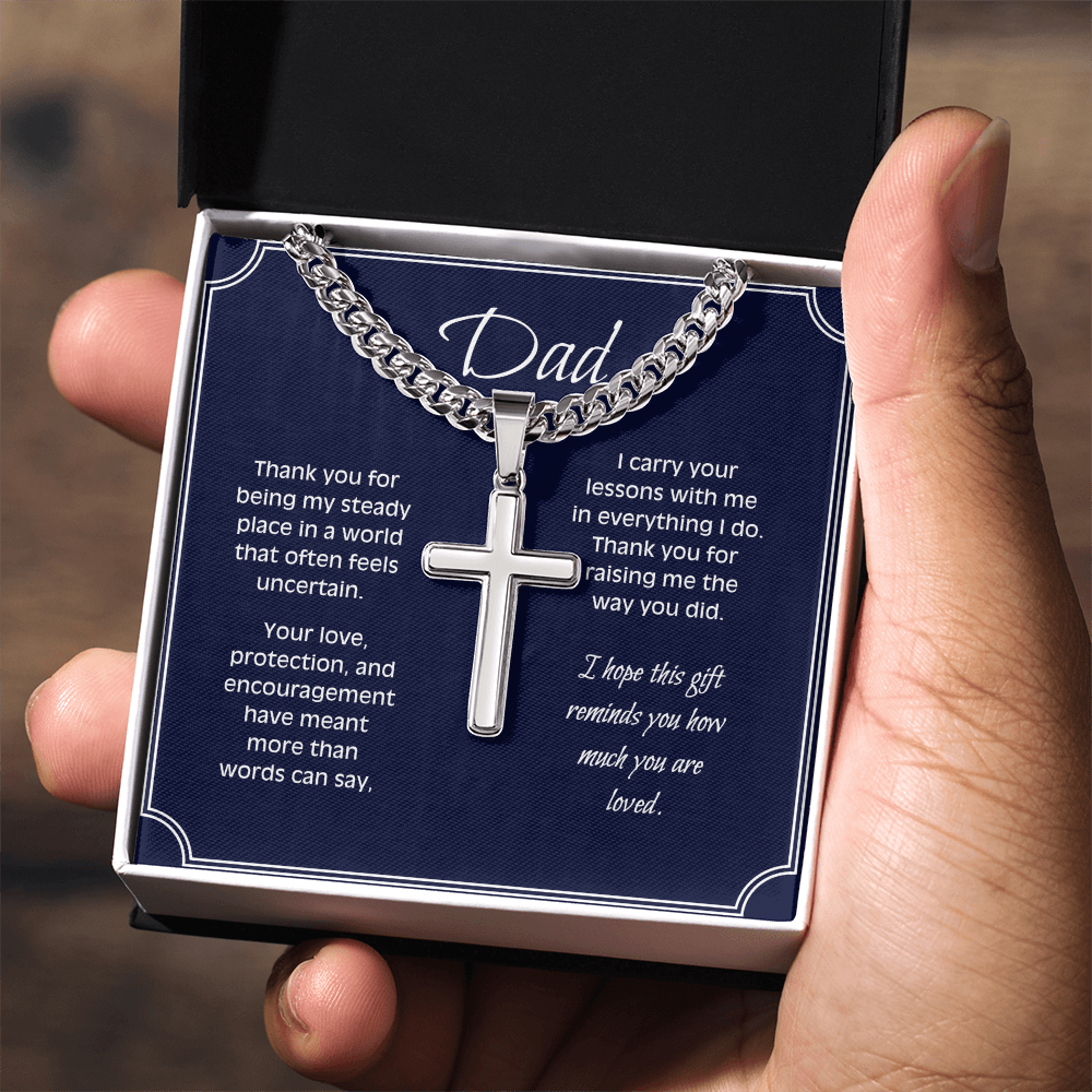 Personalized Cross Necklace for Dad – Engraved Cuban Chain Gift for Father – Meaningful Dad Jewelry from Son or Daughter