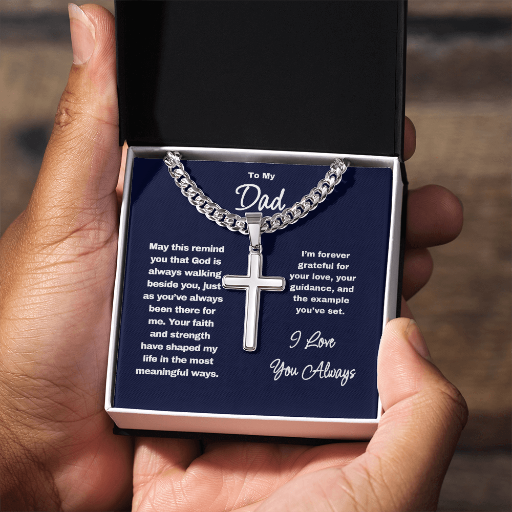 Personalized Cross Necklace for Dad – Engraved Cuban Chain Gift for Father from Son or Daughter