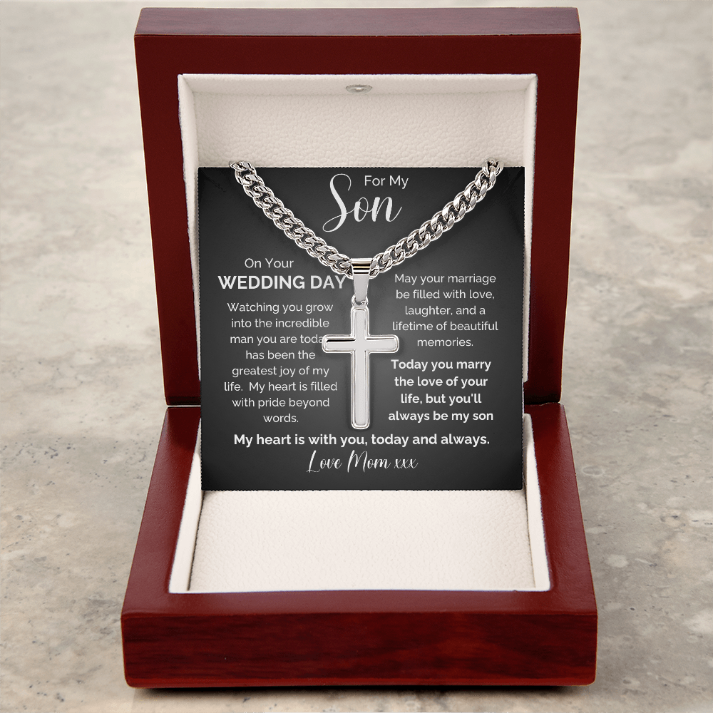 To My Son on Your Wedding Day | Personalized Engraved Cross Necklace from Mom
