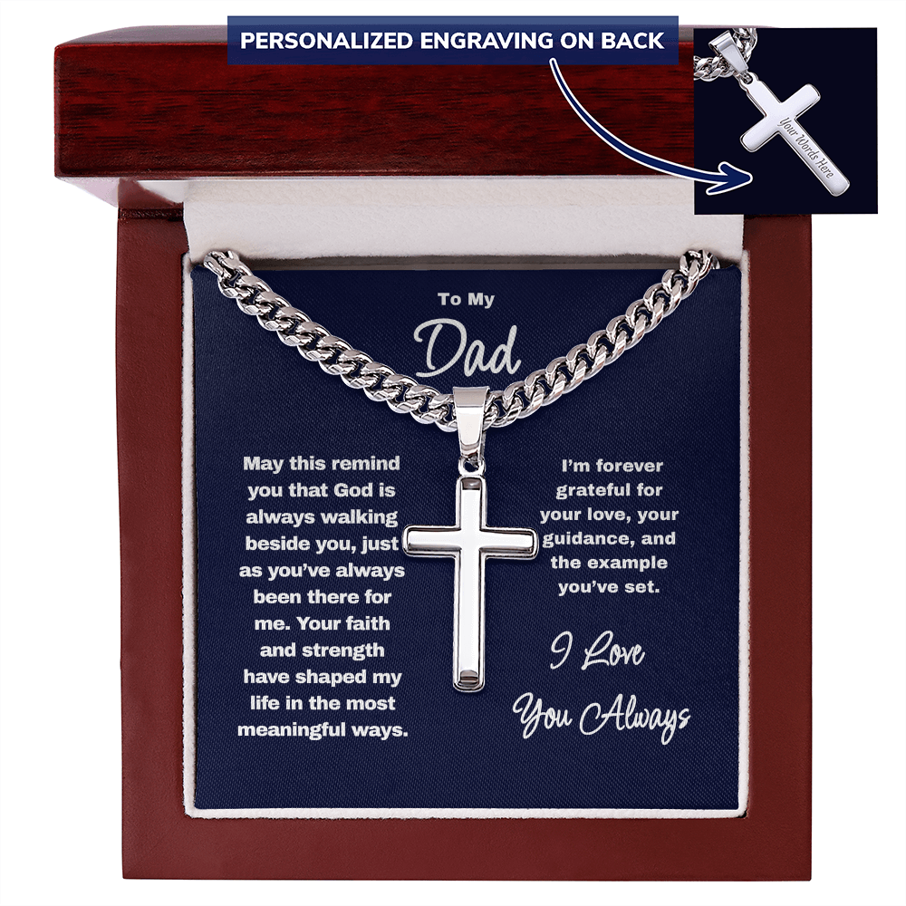 Personalized Cross Necklace for Dad – Engraved Cuban Chain Gift for Father from Son or Daughter