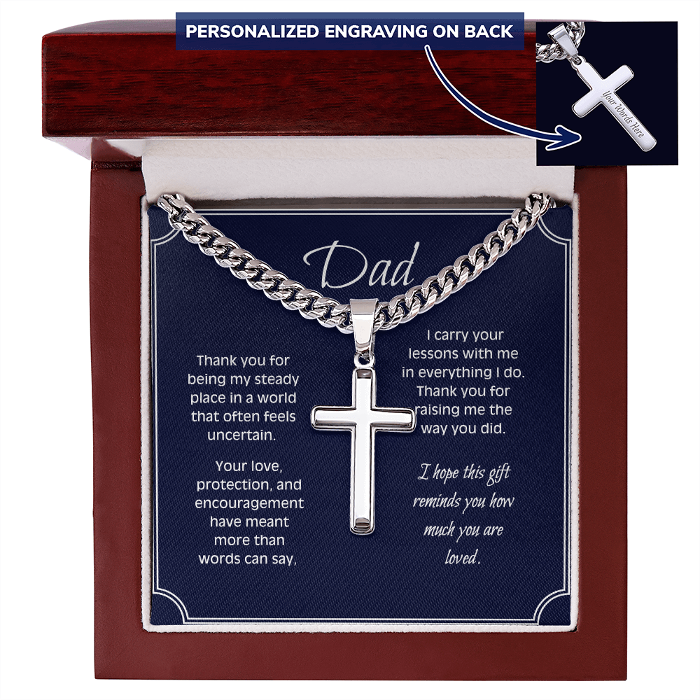 Personalized Cross Necklace for Dad – Engraved Cuban Chain Gift for Father – Meaningful Dad Jewelry from Son or Daughter