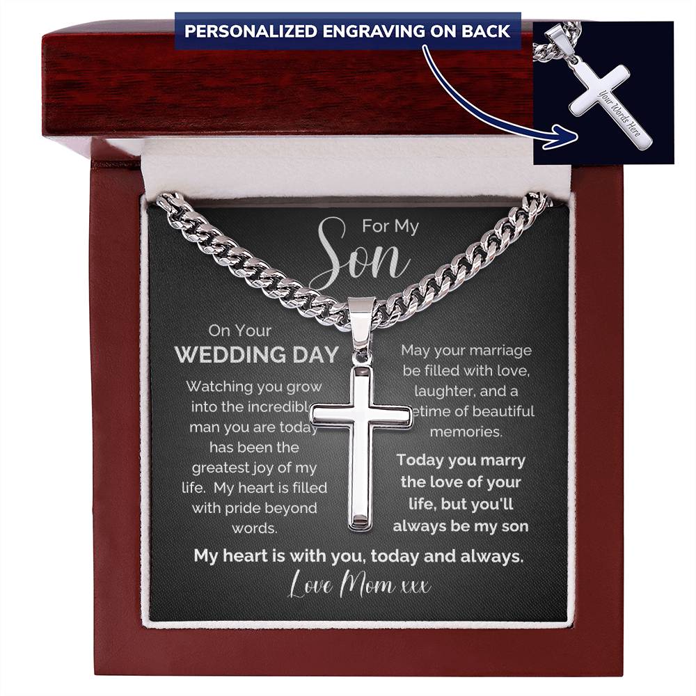 To My Son on Your Wedding Day | Personalized Engraved Cross Necklace from Mom