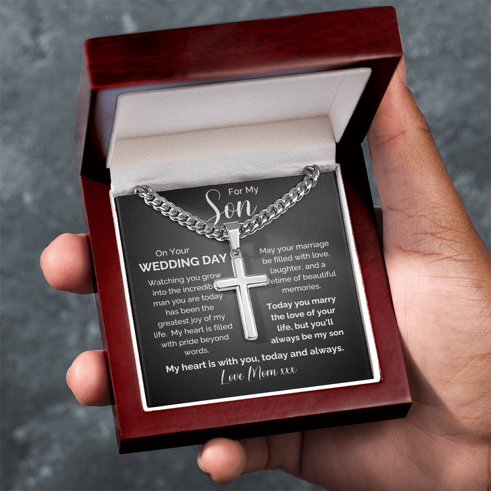 To My Son on Your Wedding Day | Personalized Engraved Cross Necklace from Mom