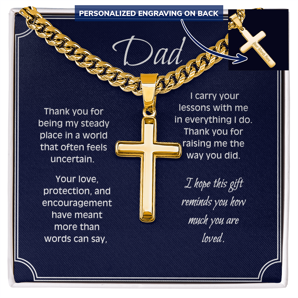 Personalized Cross Necklace for Dad – Engraved Cuban Chain Gift for Father – Meaningful Dad Jewelry from Son or Daughter