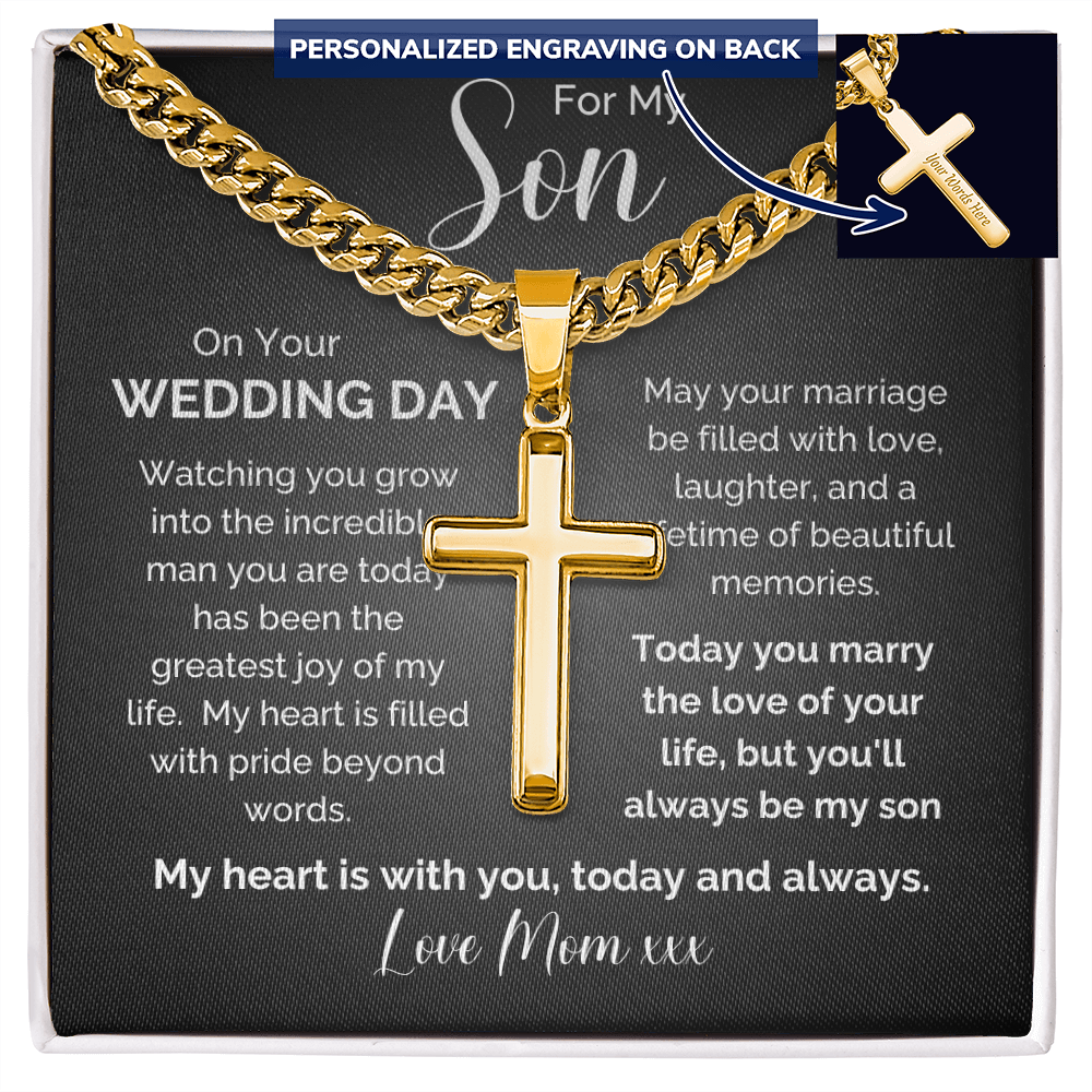 To My Son on Your Wedding Day | Personalized Engraved Cross Necklace from Mom