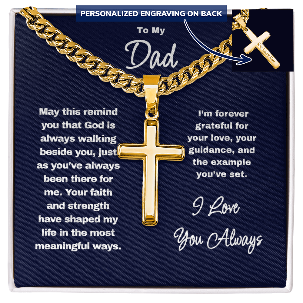 Personalized Cross Necklace for Dad – Engraved Cuban Chain Gift for Father from Son or Daughter