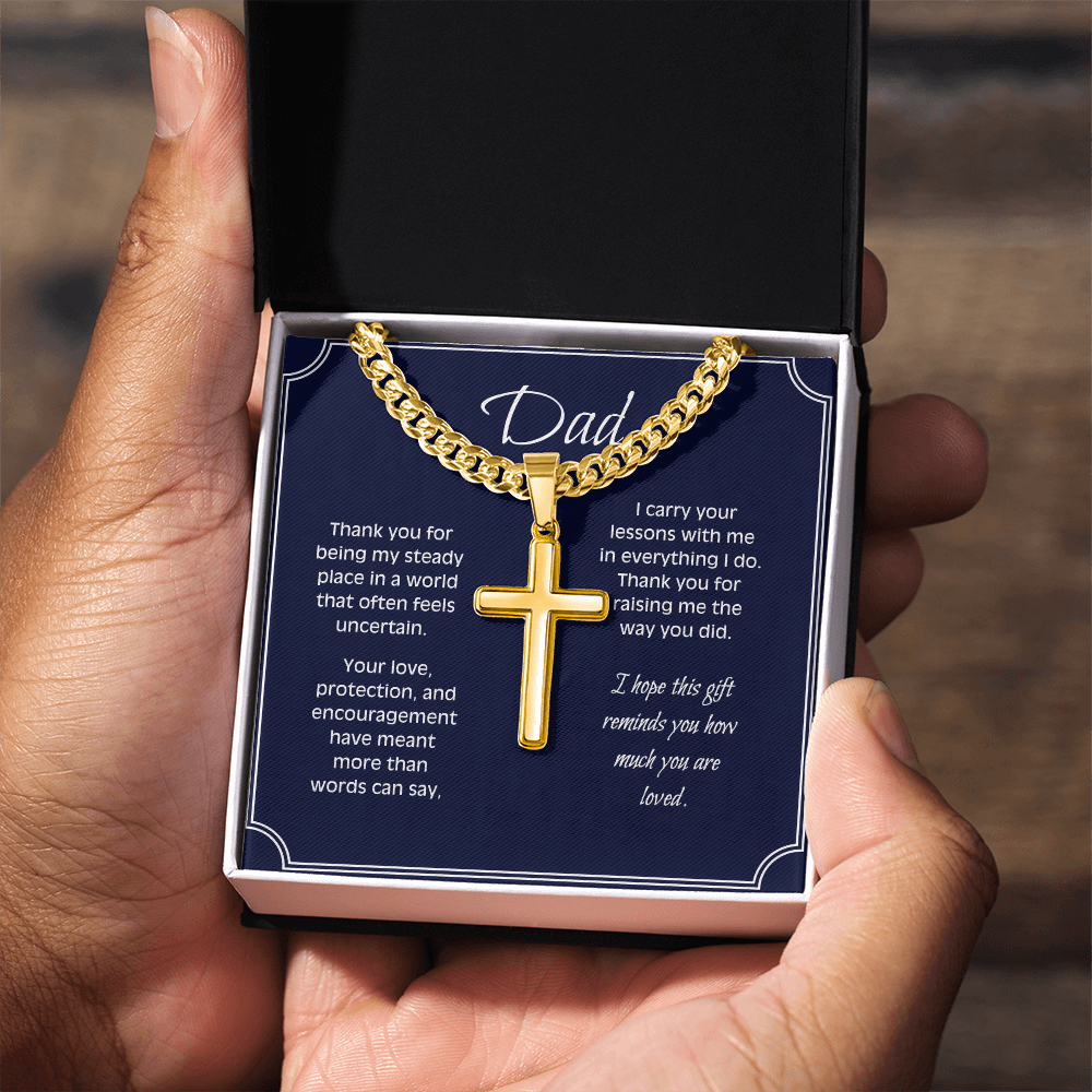 Personalized Cross Necklace for Dad – Engraved Cuban Chain Gift for Father – Meaningful Dad Jewelry from Son or Daughter
