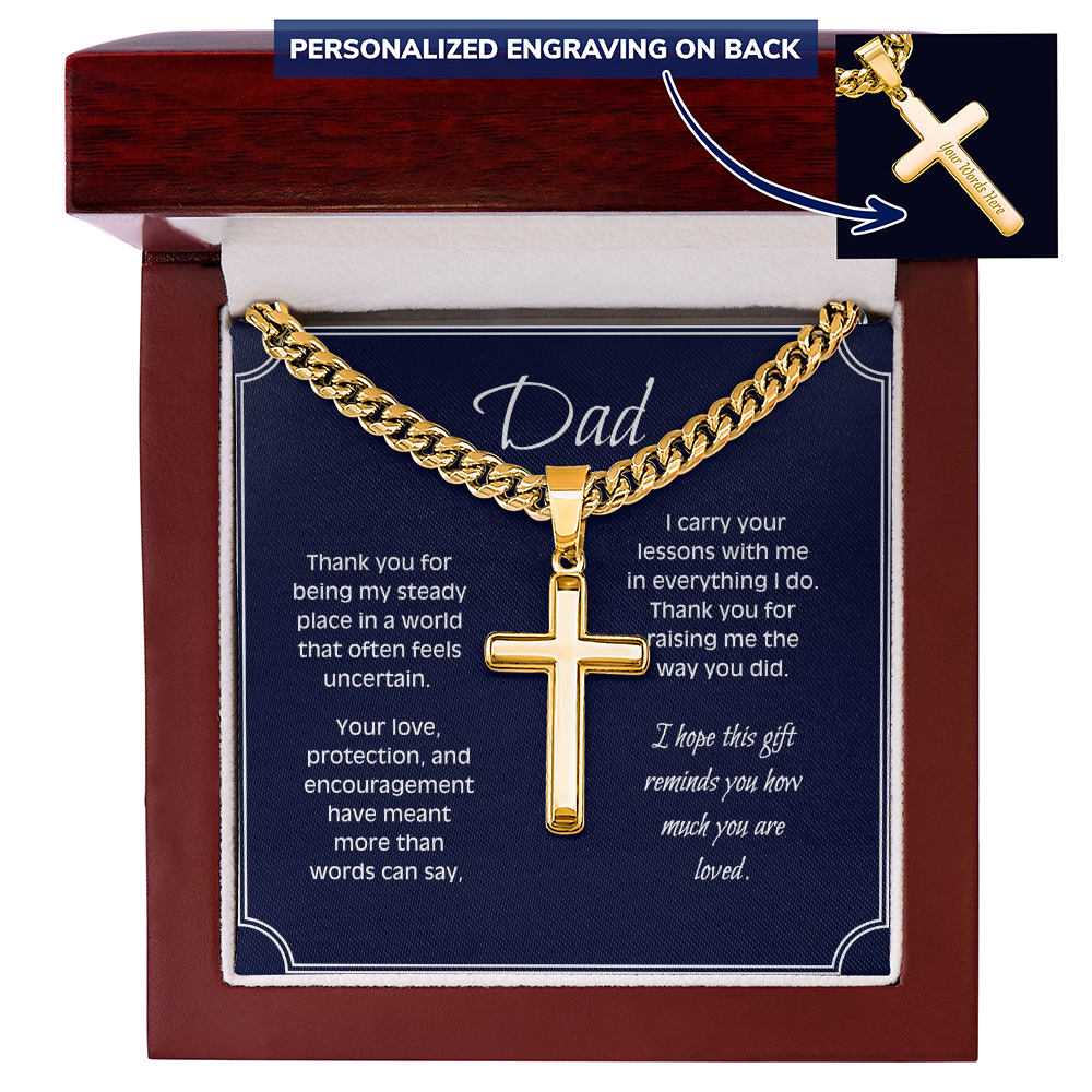 Personalized Cross Necklace for Dad – Engraved Cuban Chain Gift for Father – Meaningful Dad Jewelry from Son or Daughter