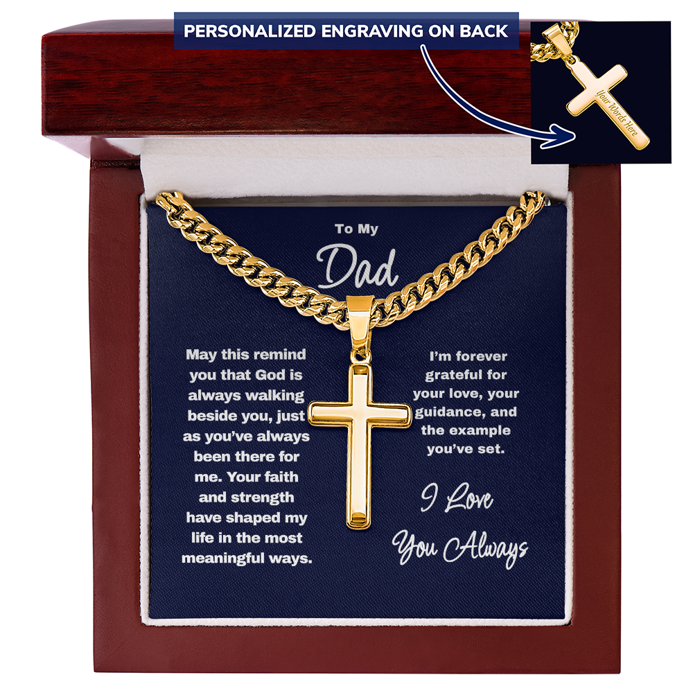 Personalized Cross Necklace for Dad – Engraved Cuban Chain Gift for Father from Son or Daughter