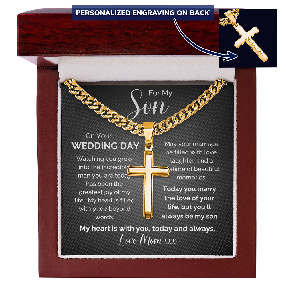 To My Son on Your Wedding Day | Personalized Engraved Cross Necklace from Mom